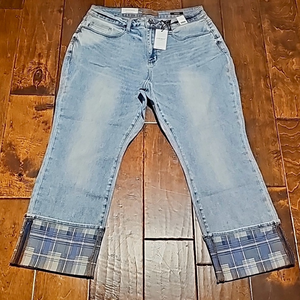Judy Blue Sz 18W High Rise Straight Leg Blue Plaid Cuff NWT